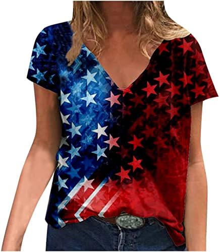 Тинејџерски девојки кратки ракави маици Американски шарени starвездички врвови маички против душо деколте вратот на вратот Обични