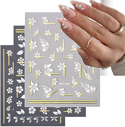 Налепници за нокти Jaozuyard за ноктите за бели цвеќиња за нокти 3D само-лепете цветни нокти за снабдување додатоци за жени лажни нокти DIY дизајн декорација 3 листови