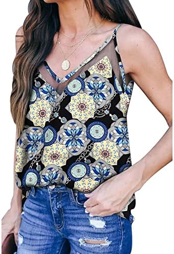 LCZIWO BOHO Floral Print v Neck Spaghetti Crails Tound Top For Women Lettuestion Casual Splice Tee Bluze Bluze
