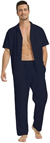 Облека за панталони со ленени кошули Rpovig: Машки постелнина поставува 2 парчиња кошули со кратки ракави јога панталони плажа свадбени