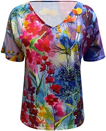Цветни врвови за печатење за жени со краток ракав плус маици со големина V вратот Обичен тренинг кошула гроздобер графички бохо маички