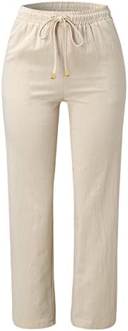 Обични летни памучни постелнини панталони за жени широки панталони со нозе со џебови, широки цврста боја, панталони со панталони