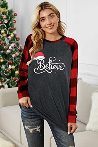 Верувајте џемпер жени Божиќна смешна графичка лесна блуза Божиќна капа од одмор слатки врвови на врвови