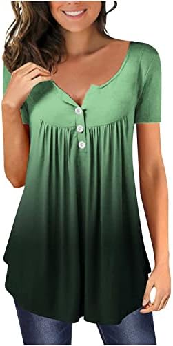 Врвови за жени градиент печатено случајно скриен стомак туника V-врат симпатична проточна маичка со кратки ракави со кратки