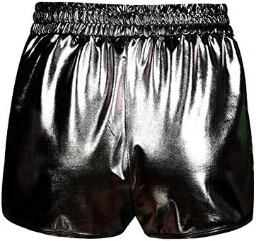 Tantisy ◢ ◢енски метални сјајни шорцеви искријќи ги жешките кратки панталони со џебови Еластична половината, жени новини од шорцеви