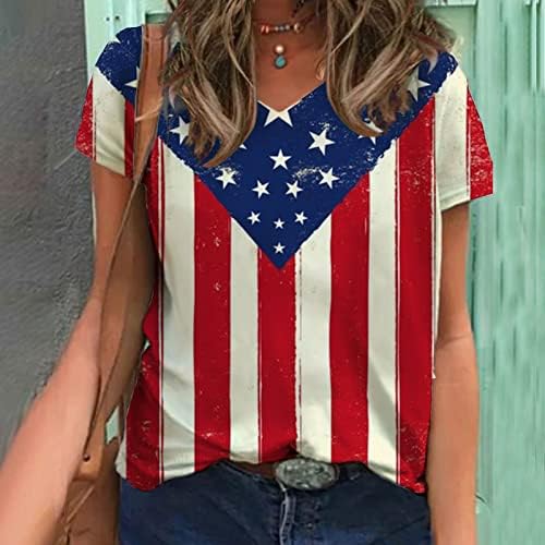 Женски врзани бои блузи градиентски блок во боја Американско знаме опуштено вклопувачки врвови кратки ракави v вратот спандекс блузи 6U