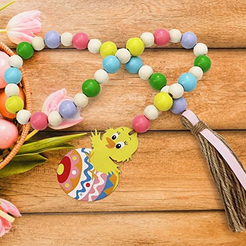 Стаклени украси топки Велигденски приврзок низа од јајца од воскресение со дрвени монистра и ресни со шарени украси за домашни свечености