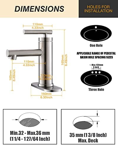 Четкан никел бања за мијалник - тапа за мијалник за бања бања со линии за снабдување со cupc и 6 инчи палуба погодна за 1 или 3 дупка