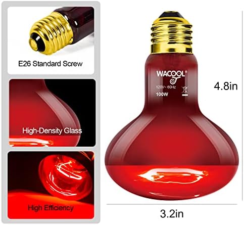 Wacool 2 пакувања со пакувања на топлински светилки, 100W инфрацрвено место за базање светло за влекачи и водоземци, црвена сијалица за топлина