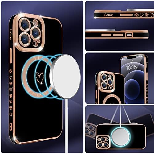 YKCZL компатибилен со iPhone 13 Pro Max Case Magsafe, луксузно позлата симпатична срце со целосна камера за заштита на фотоапарати