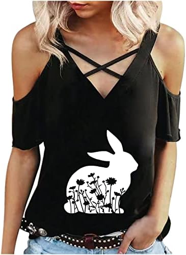 Среќни Велигденски маички за жени ладно рамо секси маици со вратот со карирани зајаци печатени обични кошули врвови за тинејџери