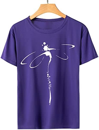 Драгличка печатена кошула врвна жена лабава маичка со кратки ракави блуза со врвови со врата од вратот, маички со кратки туники за маици