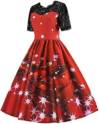 Божиќен чипка фустан за жени со кратки ракави Обични чај фустани Дедо Мраз печатен фустан коктел забава занишани фустани