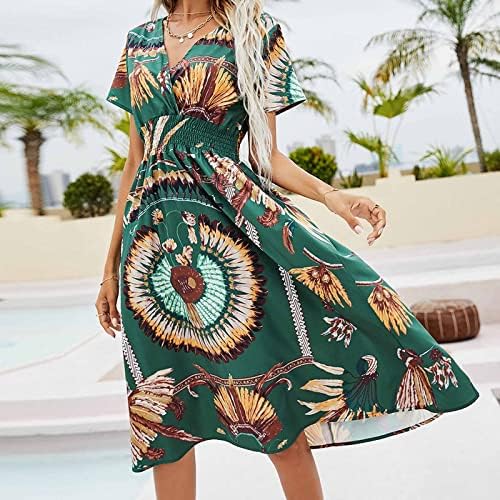 Хавајски Фустани За Жени Летен Секојдневен Миди Фустан Сарафани Со Кратки Ракави Против Вратот Модни Цветни Фустани На Плажа