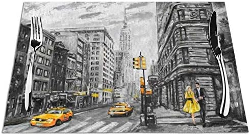Њујорк Стрит Плакемати за Трпезариска Маса Сет од 6 Купер Жолт Фустан Девојка Плакемати Њујорк Пвц Плакемати Модерна Улична Двојка Нафта-Сликарство