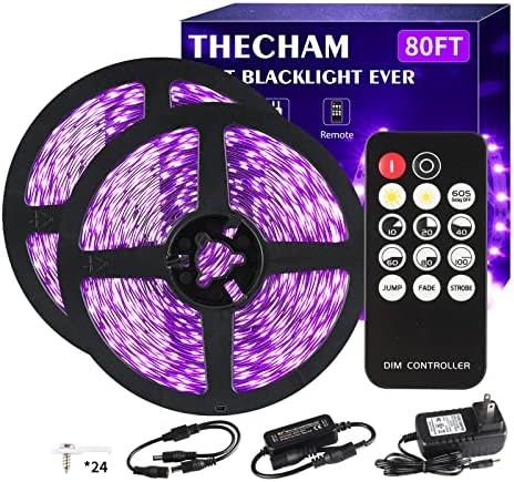 TheCham 80ft црна светлина лента со далечински и надграден црно светло лента 4 пакет за забава на Blacklight