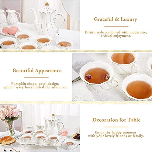 Dujust 20 парчиња чај од 6 со чај послужавник и лажици, луксузен британски стил чај/кафе чаша сет со златно трим, прекрасен порцелан