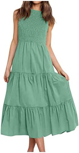 Фрагрн цвет фустан, женски летен случај на летен случај без ракави со висок половината на вратот, замавнувајќи линиски фустан