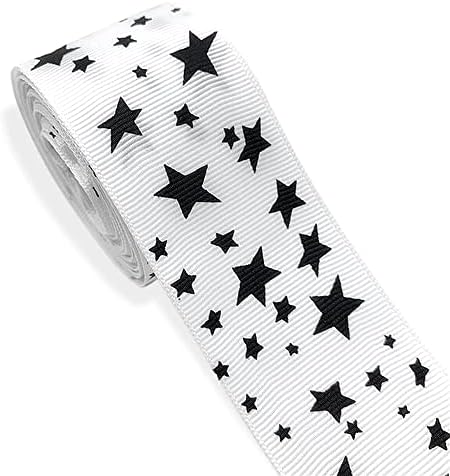 Starsвезди печатени ленти со грбови 5 дворови 1 инчи - бела цврста лента со грбови со црни starsвезди - совршени за занаети - додатоци