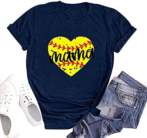 Бејзбол мајки кошули за жени, женски врвови мама печати лабава тркалезна вратот кратки ракави маица обична бејзбол мама мама
