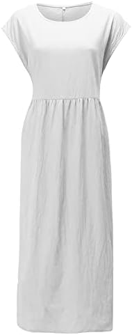 Fragarn Maxi фустани за жени 2022 летен памучен постелнина фустан со тркалезен врат, измешана цврста боја случајна лабава долга долга фустан