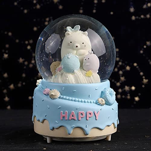 4 инчи / 10 см снежен глобус - музичка кутија со торта со мечка со лебдат снег за декор за дома, роденденски подарок за девојчиња, семејни пријатели,