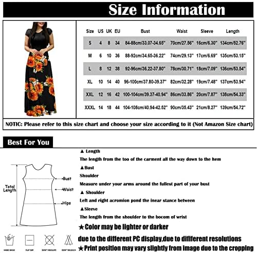 Летни фустани за летни фустани за жени 2023 година, женски модни обични печатени кружни врат со кратки ракави со долги фустани со голема