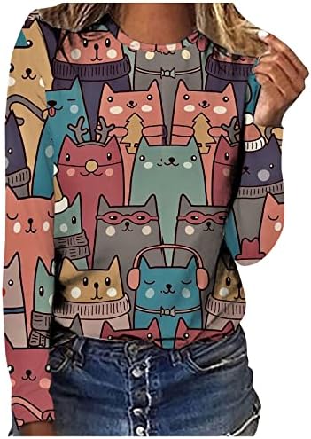 Womenените мачки печатени пулвер слатки девојки екипаж на вратот долги ракави маички модни обични врвови лесни редовни кошули