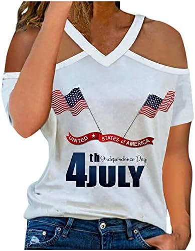 Среќни врвови на четврти јули за жени ладно рамо со кратки ракави за кратки ракави на врвот на денот на независноста V вратите