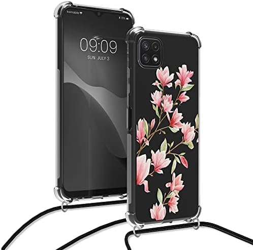 Cwmobile Crossbody Case компатибилен со Samsung Galaxy A22 5G Case Case - Магнолиас розова/бела/транспарентна