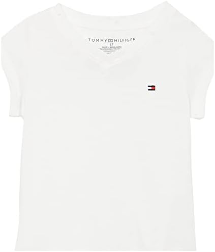 Девојки на Томи Хилфигер кратки ракави со цврста боја со маица V-вратот, везено лого и дизајн без обележја, ултра-мека удобност вклопување
