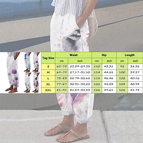 Постелна мешавина панталони за жени плус големина глуварче печати летни панталони за плажа еластична половината лесна бохемија панталони со џебови