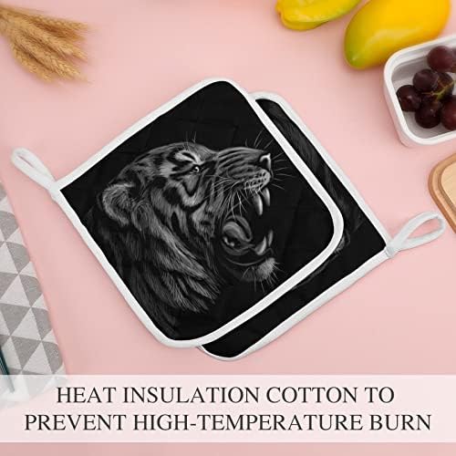 Црно-бело тигар портрет тенџере држачи 8x8 отпорни на топлина топли влошки за заштита на парчиња за готвење кујна 2 парчиња