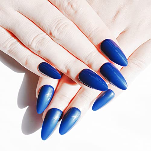 Китју краток печат на ноктите во форма на бадем сјајно цврсто кралско сино лажни нокти лажни нокти за жени и девојчиња