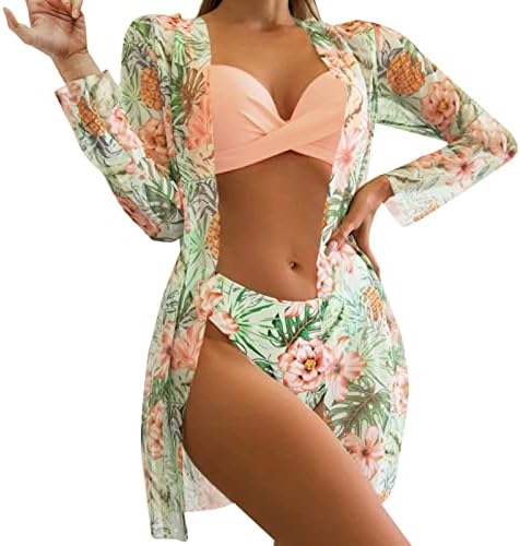 Leceенски моден моден моден мода со три парчиња пливање, притискање на цветни печатени бикини поставува лесни мрежи со долга ракава плажа
