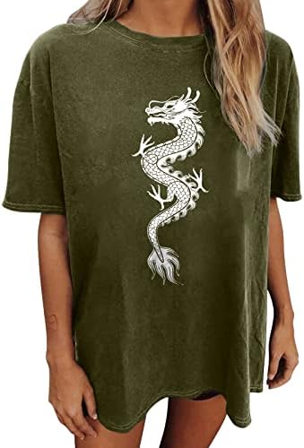 Женски кинески змеј печати врвови гроздобер раглан тркалезен маици кошули со лебава лабава кратка ракав блуза Туника врв