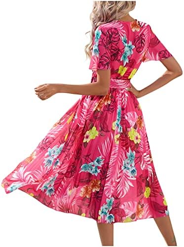 Lumberенски летен туничен фустан на Lmdudan, лесен краток ракав со кратки ракави V врат, лабава течен замав фустани, цветно печатење