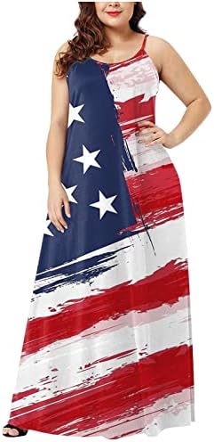 ADSSDQ 4 -ти јули плус големина фустан за жени летен секси фустан долг суспензија без ракави знаме за печатење на американско знаме, случајна