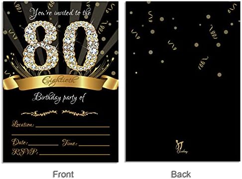 80 -ти покани за роденденска забава 5x7 црни и златни картички со коверти и златно метално пенкало
