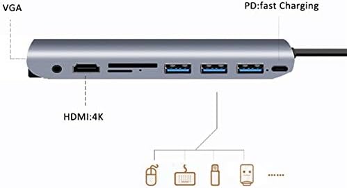 Yi-yu Адаптер центар за приклучок HDMI мултифункција 9 во 1 3 USB 4K VGA TF порта за SD слот PD Type C до VGA HDMI Audio USB C Hub