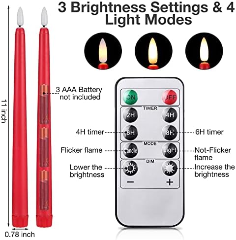 24 Еез Црвени Пламени Конусни Свеќи Батерија Управувана со 2 Далечински Управувач, 11 Реални Восочни Црвени Свеќи 3Д ФИТИЛ ПРЕДВОДЕНИ