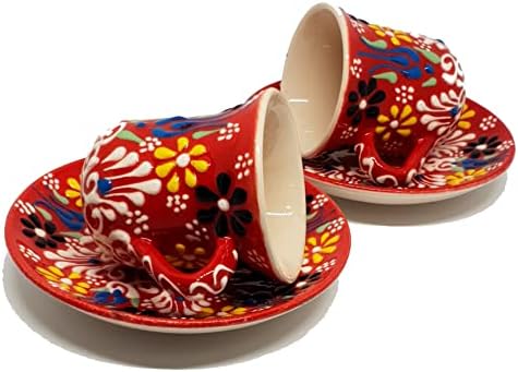 DLK - сет од 2 рачно изработени чаши за керамички кафе, сет, 2 x плочки за кафе, сет, турски чаша за кафе од 2 - црвено
