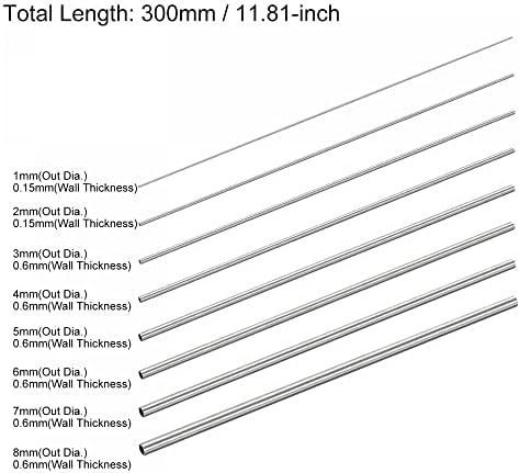 uxcell 304 цевка од не'рѓосувачки челик 1мм 2мм ОД x дебелина од wallид од 0,15мм, 3мм 4мм 5мм 6мм 7мм 8мм ОД x 0,6мм wallид дебел 300мм пакет