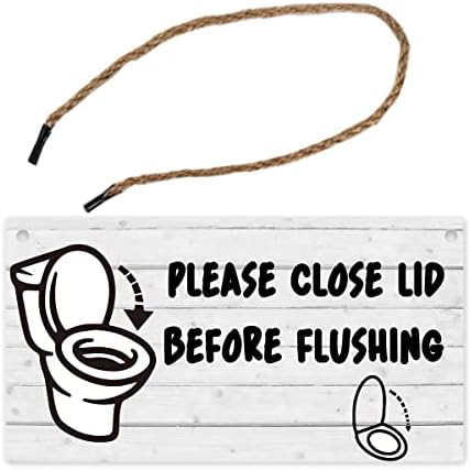 Знак за предупредување за тоалет Дрвена плакета висечка wallидна уметност, знак за дрво од бања, ве молиме затворете го капакот пред да испуштите