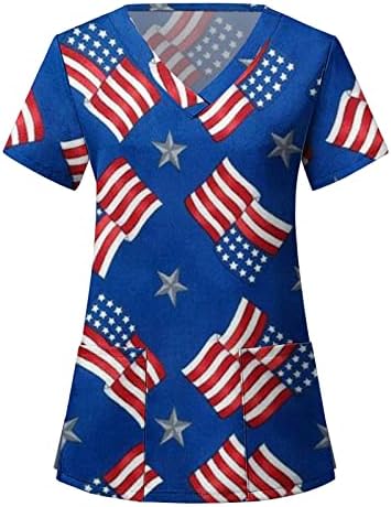 Fragarn American Flag Print Uniform Uniform Tops For Women 4 -ти јули кошула плус големина Обични лабави вклопувачки врвови со џебови
