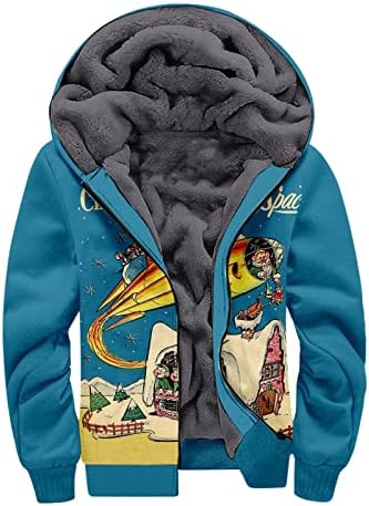 Badhub Men's Zip Up Hoodie Christmas 3D печатен пулвер со тешка категорија Зимска маичка руно Шерпа наредена топла јакна