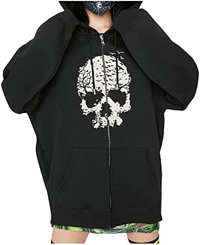 Womenените обични готски скелети печати со аспиратор џеб, џеб, свиркање со долги ракави, кошула хип-хоп Ноќта на вештерките долги