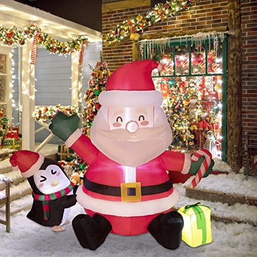 Decorlife 6ft Божиќни надувувања и надувување на Дедо Мраз на отворено, седејќи Санта надувување со пингвин и вградени LED светла, Божиќни