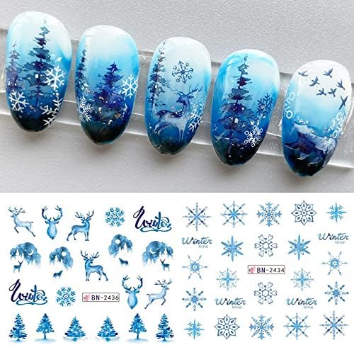12 чаршави Божиќни нокти налепници за снегулки во вода за трансфер на вода Божиќни нокти украси за украсување сини снегулка снег,