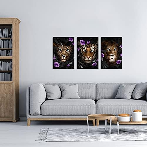 Duobaorom 3 парчиња цветно животно платно wallидни уметности сини очи леопард тигар лав со виолетова цветна слика слика за домашна спална